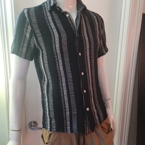 Zara Striped  Shirt Mens A11  Black Gray Short Sleeve Cotton Linen Mediun